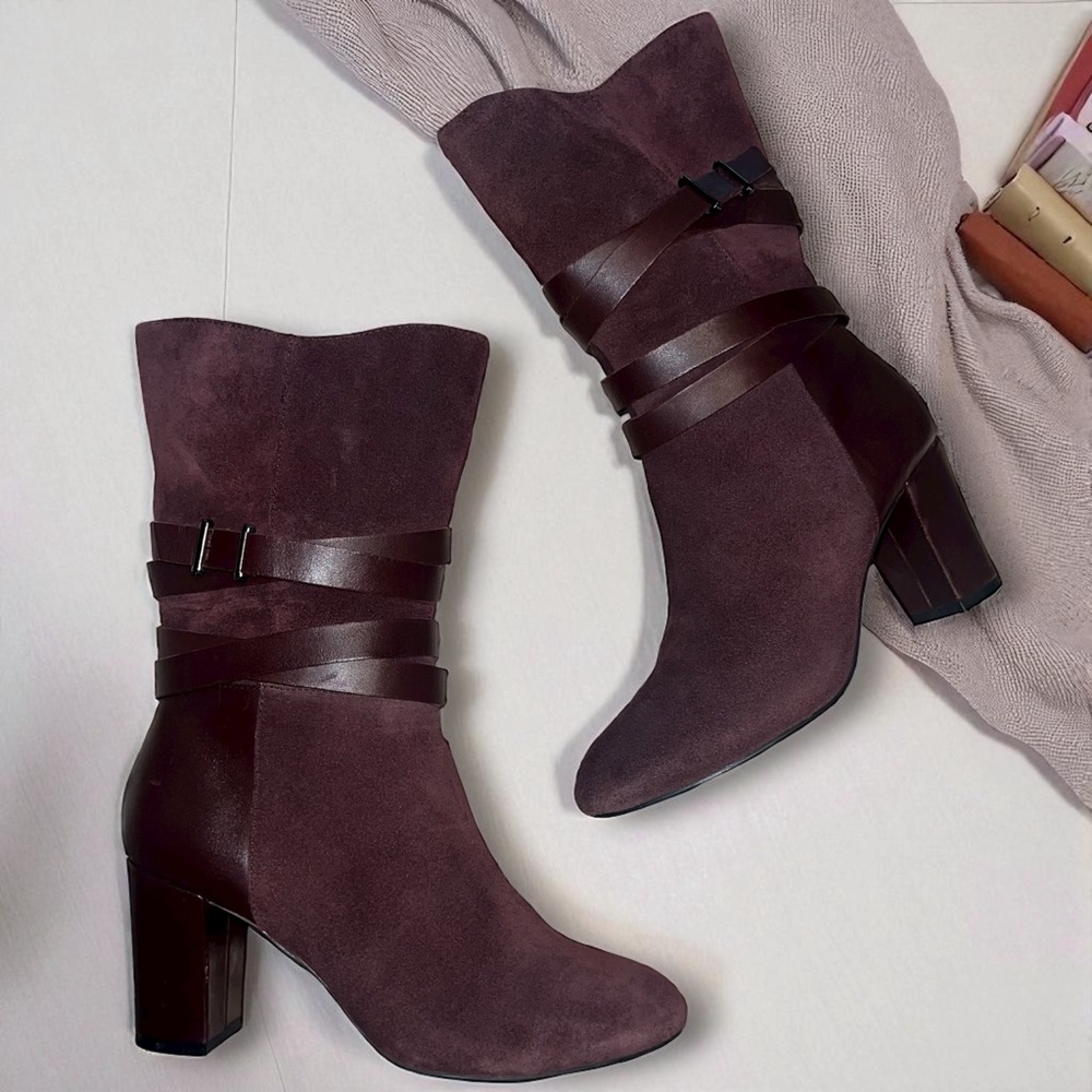 H by Halston Suede Merlot Color Leather Straps Quinn Mid-Calf Heeled Boots